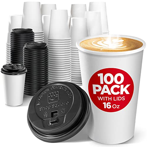 Disposable White Coffee Cups with Lids 16 oz (100 Pack) - To Go Paper Coffee Cups for Hot & Cold Beverages, Coffee, Tea, Hot Chocolate, Water, Juice - Eco Friendly Cups