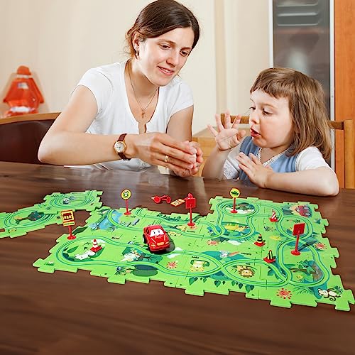 25 PCS New Plastic Puzzles for Kids Ages 3-5 with A Cute Car, Toddler Puzzle Track Play Set Gift, Critical Thinking Educational Toys, Toys for 3 4 5 6 Year Old Boys Girls, Montessori Toys for Kids