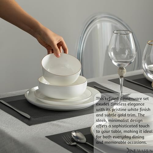 Amazon Perlaceo Luxurious Collection Bone China Dinnerware Set-Lightweight and Durable-Service for 4 or 8, Including Dinner, Salad Plates, and Cereal or Soup Bowls, 16-Pc, White w/Gold Rim