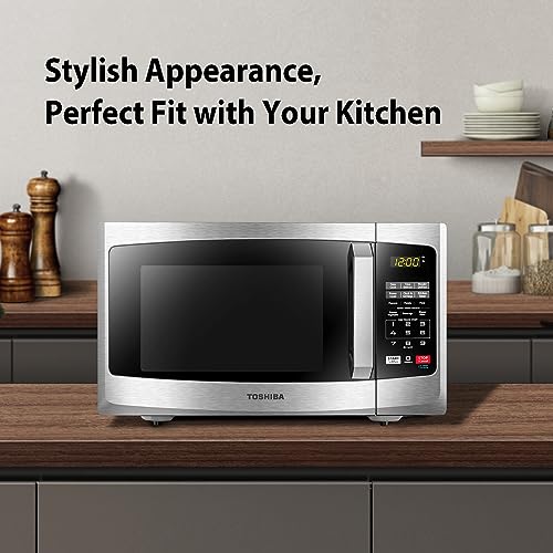 TOSHIBA EM925A5A-SS Countertop Microwave Oven, 0.9 Cu Ft With 10.6 Inch Removable Turntable, 900W, 6 Auto Menus, Mute Function & ECO Mode, Child Lock, LED Lighting, Stainless Steel