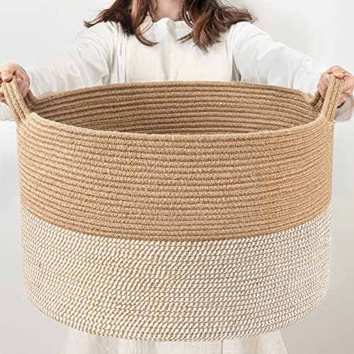 INDRESSME Extra Large Woven Baskets for Storage, 21.7'' x 13.8'' Wicker Basket with Handle for Blankets, Big Laundry Baskets for Clothes, Pillows, Towel, Shoe Basket for Entryway, 90L White Jute