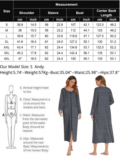 Ekouaer Women Long House Coat Zipper Front Robes Full Length Nightgowns with Pockets Striped Loungewear S-4XL