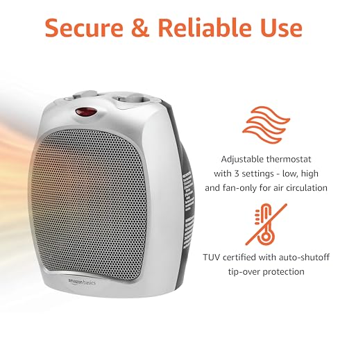 Amazon Basics Ceramic Space Heater, Portable Heater for Indoor Use, for Office and Home, With Overheat and Tip-Over Protection, Thermostat, Non-Oscillating, 1500W, Silver, 7.52"D x 6.34"W x 9.45"H