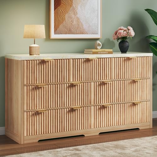 Amazon Fluted Dresser for Bedroom with 7 Drawers, 53'' Modern Dressers with Faux Marble Top, Mid Century Chests of Drawers with Gold Handle & Curved Profile, Natural Wood TV Dresser for Bedroom, Living Room