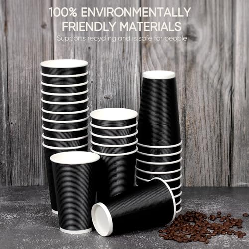 DAILYLIFE 16oz Insulated Black Disposable Coffee Paper Cups with Lids- 100 Pack, Takeaway for All Hot Drinks, Leak Proof Design, Ideal for Chocolate, Lemonade, Tea, Milk