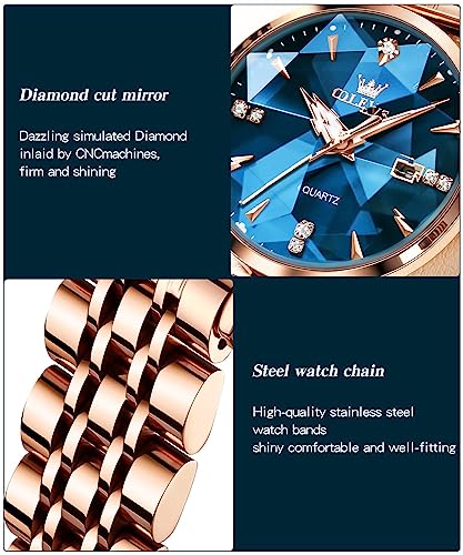 OLEVS Rose Gold Watches for Women, Stainless Steel Band, Quartz Small Face Waterproof Watches, Fashion Luxury Classic Wrist Watch with Date, Ladies Diamonds Watch Red/Blue/White Dial