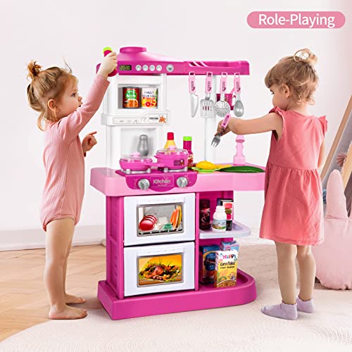 Temi Play Kitchen Pretend Food Playset - 53 PCS Pink Kitchen Toys for Toddlers, Toy Accessories Set w/ Real Sounds and Light, Outdoor for Kids, Girls & Boys