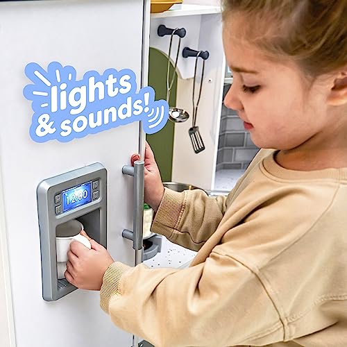 KidKraft Ultimate Corner Wooden Play Kitchen with Lights & Sounds, Play Phone and Curtains, White