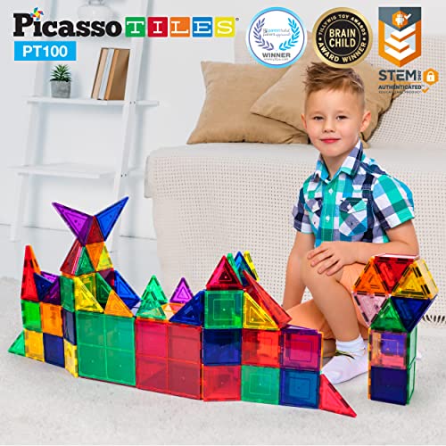 PicassoTiles 100 Piece Set 100pcs Magnet Building Tiles Clear Magnetic 3D Building Blocks Construction Playboards, Creativity beyond Imagination, Inspirational, Recreational, Educational Conventional