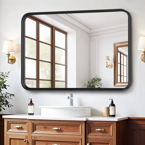 Amazon Bathroom Mirror for Wall, 30x22 Inch Rounded Rectangle Mirror, Black Metal Framed Bathroom Vanity Mirror for Restroom Farmhouse, Anti-Rust, Tempered Glass, Horizontally or Vertically Hanging