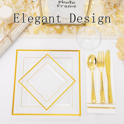 Festiva 350Pcs Clear Plastic Plates with Gold Trim - Clear Gold Disposable Dinnerware for 50Guests include 100 Square Plastic Plates 50Cups 50Cutlery 50Napkins Perfect for Thanksgiving Party&Wedding