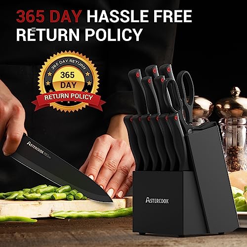 Knife Set, Astercook 15 Pieces Knife Sets for Kitchen with Block, Dishwasher Safe Kitchen Knife Set with Built in Sharpener Block, German Stainless Steel Knife Block Set, Black