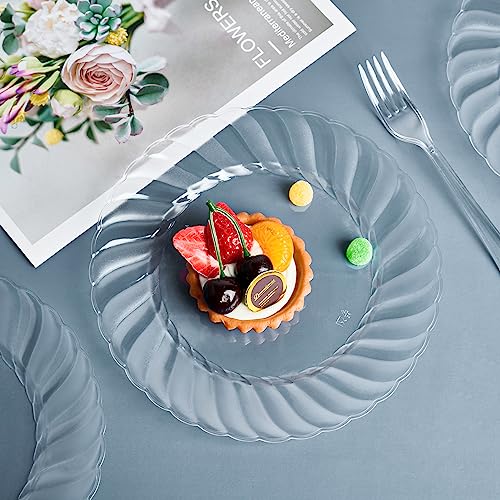 FOCUSLINE 100 Count Clear Plastic Plates 9 Inch, Disposable Heavy Duty Plastic Dinner Plates- Premium Hard Plastic Plates Fancy Disposable Clear Plates for Weddings, Parties and Events