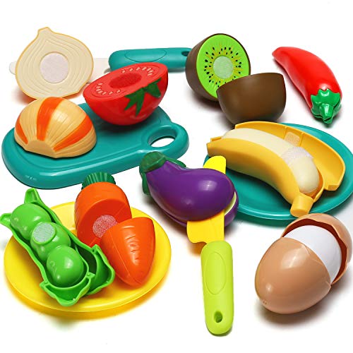 70 PCS Cutting Play Food Toy for Kids Kitchen, Pretend Fruit &Vegetables Accessories with Shopping Storage Basket, Plastic Mini Dishes and Knife, Educational Toy for Toddler Children Birthday Gift