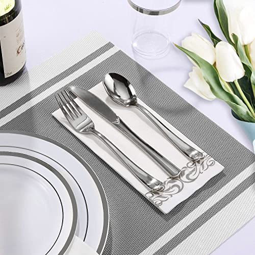 JOLLY CHEF 700 Count Silver Dinnerware Set-200 White and Silver Plastic Plates-Set of 300 Silver Plastic Silverware-100 Silver Plastic Cups-100 Disposable Hand Towel-Disposable Silver Dinnerware