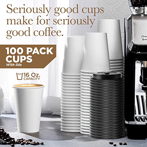 Disposable White Coffee Cups with Lids 16 oz (100 Pack) - To Go Paper Coffee Cups for Hot & Cold Beverages, Coffee, Tea, Hot Chocolate, Water, Juice - Eco Friendly Cups