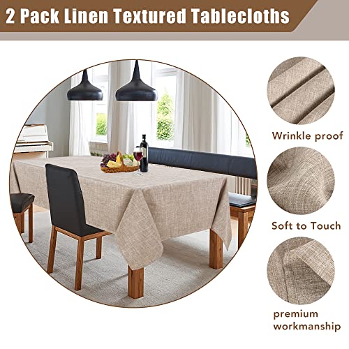 Fitable Faux Linen Tablecloths Rectangle 60 x 144 Inch - 2 Pack Neutral Table Clothes for 10 Foot Tables, Nature Faux Burlap Kitchen Table Covers for Dining, Party, Farmhouse, Banquet, Buffet