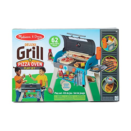 Melissa & Doug Wooden Deluxe Barbecue Grill, Smoker and Pizza Oven Play Food Toy for Pretend Play Cooking for Kids