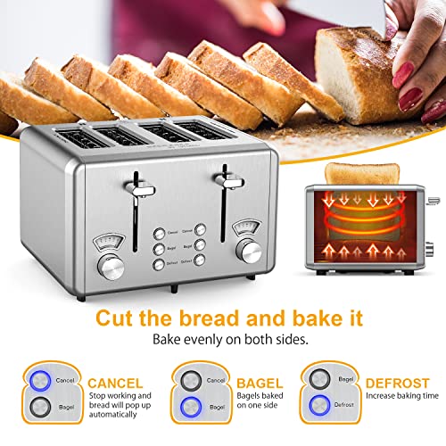 WHALL 4 Slice Toaster Stainless Steel,Toaster-6 Bread Shade Settings,Bagel/Defrost/Cancel Function with Dual Control Panels,Extra Wide Slots,Removable Crumb Tray,for Various Bread Types 1500W