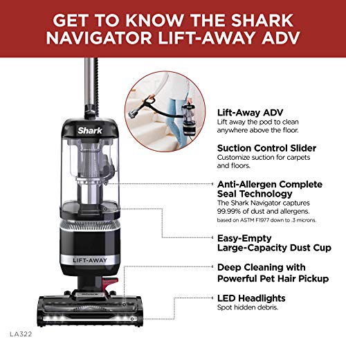 Shark LA322 Navigator ADV Corded Vacuum with Pet Power Brush Crevice and Upholstery Tool, Lift-Away Upright, Black