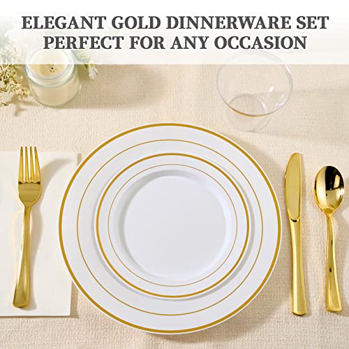 Clip coupon Amazon FOCUSLINE 600 Ct Gold Dinnerware Set for 100 Guests - Gold Rimmed White Disposable Plastic Plates, Includes 100 Dinner & Salad Plates, Cups, Cutlery Set for Wedding Parties