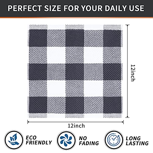 Mordimy 100% Cotton Waffle Weave Plaid Dish Cloths, 12 x 12 Inches, Super Soft and Absorbent Quick Drying Buffalo Check Dish Rags for Kitchen, 6-Pack, White & Dark Grey