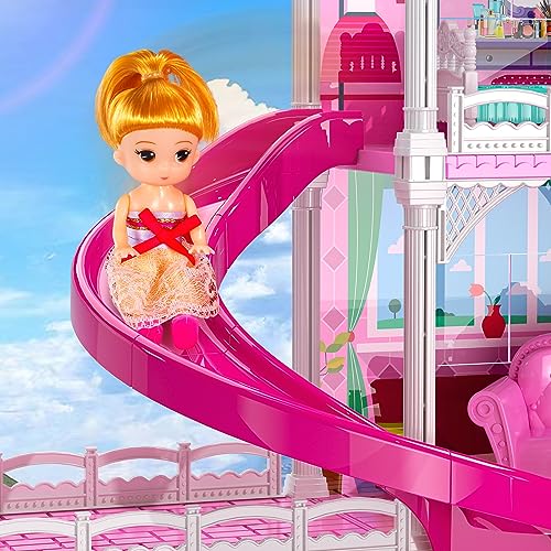 TEMI Dream Doll House Pink Girl Toys - 4 Stories 10 Rooms Dollhouse with 2 Princesses Dolls,Slide, Play House with Accessories, Toddler Playhouse Toy for Kids Ages 3 4 5 6 7 8+