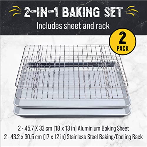 Checkered Chef Baking Sheets for Oven - Half Sheet Pan with Stainless Steel Wire Rack Set 2-Pack - Easy Clean Cookie Sheets, Aluminum Bakeware