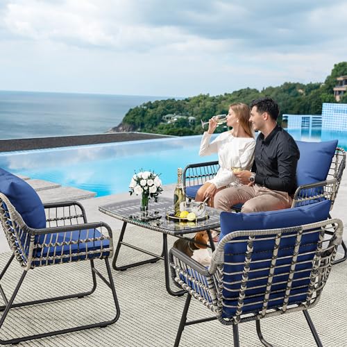 YITAHOME 4-Piece Patio Furniture Wicker Outdoor Bistro Set, All-Weather Rattan Conversation Loveseat Chairs for Backyard, Balcony and Deck with Soft Cushions and Metal Table (Navy Blue)