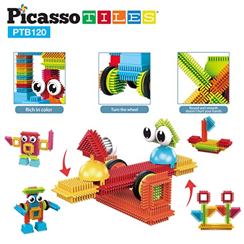 PicassoTiles PTB120 pcs Bristle Shape 3D Interlocking Building Blocks Accessories Tiles Construction Toy Set Learning Playset STEM Toy Set Educational Kit Child Development Preschool Kindergarten Toy