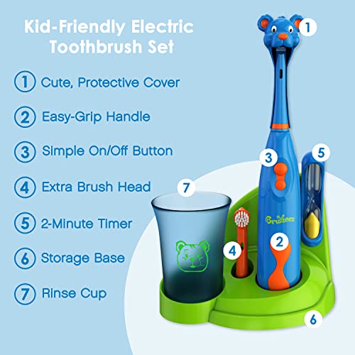 Brusheez® Kids’ Electric Toothbrush Set - Safe & Effective for Ages 3+ - Parent Tested & Approved with Gentle Bristles, 2 Brush Heads, Rinse Cup, 2-Minute Timer, & Storage Base (Buddy The Bear)