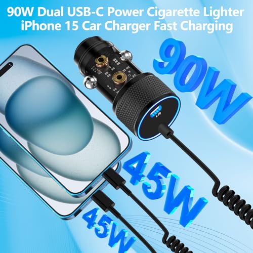 Amazon [Apple MFi Certified] iPhone 16 Fast Car Charger, Linocell 90W PD Car Power Cigarette Lighter USB-C Car Carplay Charger + 6FT Coiled Type-C Cable for iPhone 16/16 Pro/16 Plus/16 Pro Max/15/15 Pro/iPad