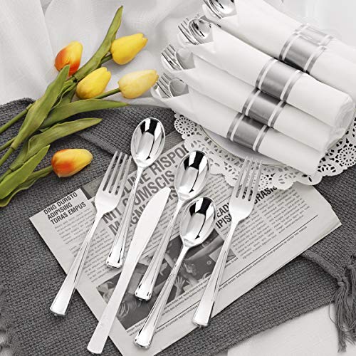 Supernal 60 Pack Silver Plastic Silverware,Pre Rolled Silverware,Premium Disposable Silver Cutlery,Suit for Wedding,Catering Event,Birthday,Party