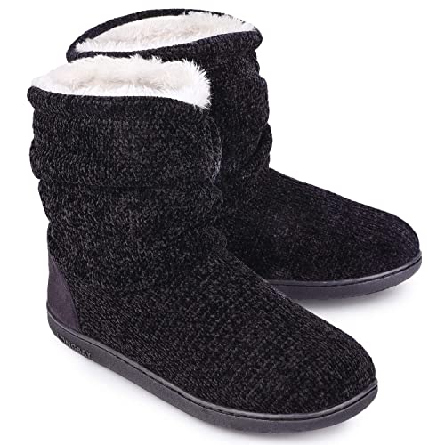 LongBay Women's Chenille Knit Bootie Slippers Cute Plush Fleece Memory Foam House Shoes