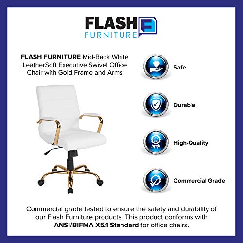 Flash Furniture Whitney Mid-Back Desk Chair - White LeatherSoft Executive Swivel Office Chair with Gold Frame - Swivel Arm Chair