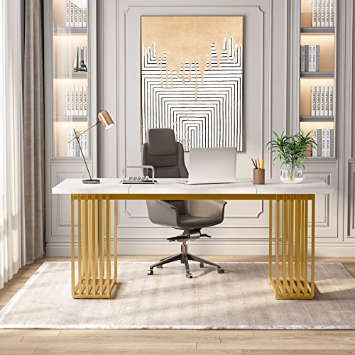 Tribesigns 70.9" Modern Office Desk, Wooden Computer Desk, White Executive Desk with Gold Metal Legs, Large Workstation for Home Office, Study Writing Desk, Small Conference Table for Meeting Room