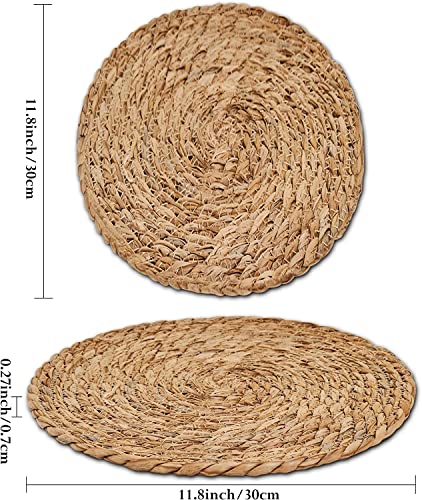 Defined Deco Woven Placemats Set of 4,11.8"Round Rattan Placemats,Natural Hand-Woven Water Hyacinth Placemats,Farmhouse Weave Place Mats,Rustic Braided Wicker Table Mats for Dining Table,Home,Wedding.