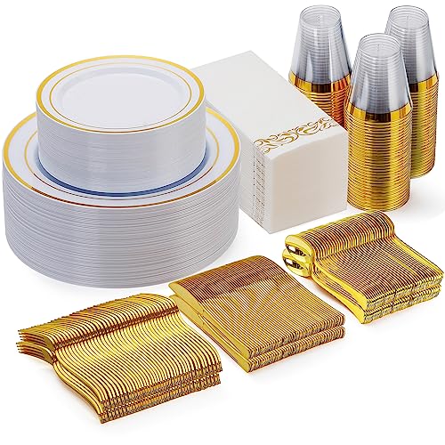 350 Piece Gold Dinnerware Set for 50 Guests, Plastic Plates Disposable for Party, Include: 50 Gold Rim Dinner Plates, 50 Dessert Plates, 50 Paper Napkins, 50 Cups, 50 Gold Silverware Set