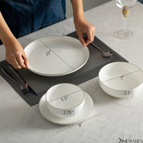 Amazon Perlaceo Luxurious Collection Bone China Dinnerware Set-Lightweight and Durable-Service for 4 or 8, Including Dinner, Salad Plates, and Cereal or Soup Bowls, 16-Pc, White w/Gold Rim