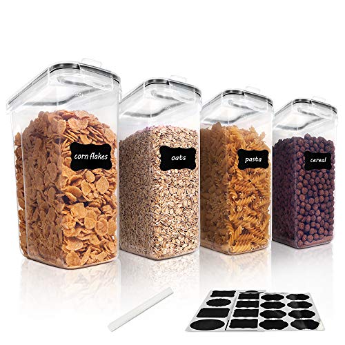 Vtopmart Cereal Storage Container Set, BPA Free Plastic Airtight Food Storage Containers 135.2 fl oz for Cereal, Snacks and Sugar, 4 Piece Set Cereal Dispensers with 24 Chalkboard Labels, Black