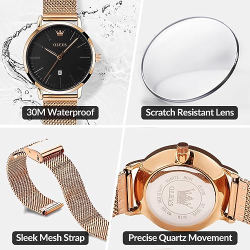 OLEVS Women's 6.5mm Ultra Thin Watch Silver, Rose Gold Stainless Steel Watch with Date, Quartz Analog Waterproof Mesh Bracelet Ladies Watch Small Wrist