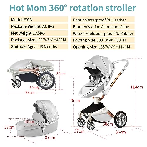 Hot Mom Baby Stroller 360 Degree Rotation Function, Pu Leather Baby Bassinet and Seat Combo Pushchai & Pram, Grey