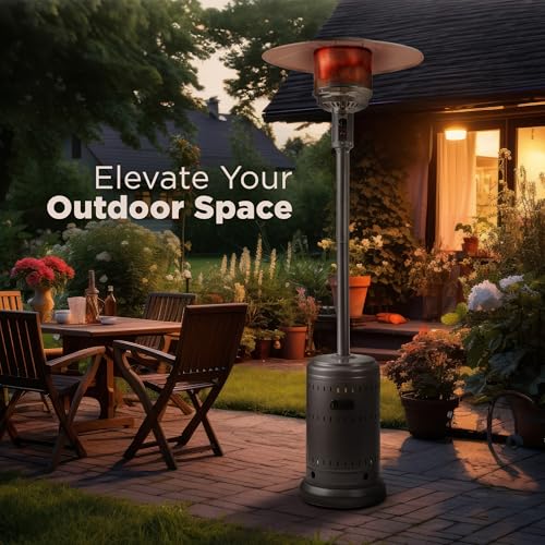 Amazon Basics 46,000 BTU Outdoor Propane Patio Heater with Wheels, Commercial & Residential, Slate Gray, 32.1 x 32.1 x 91.3 inches (LxWxH)