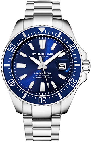 Stuhrling Original Men's Watches Pro Dive Watch Sports Watch with 42 MM Case Blue Dial Stainless Steel Silver Bracelet Diving Watch for Men