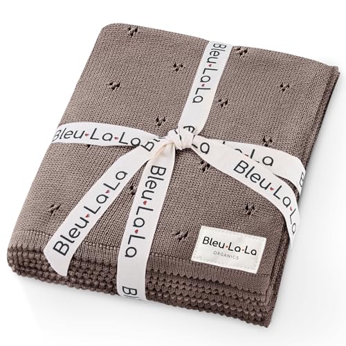 Bleu La La Organic Unisex Pointelle Receiving Swaddle Blanket for Boys & Girls - 100% Luxury Organic Soft Cotton Knit Warm Cozy Cuddle Stroller Crib Blanket for Newborns Infants & Toddlers (Mocha)