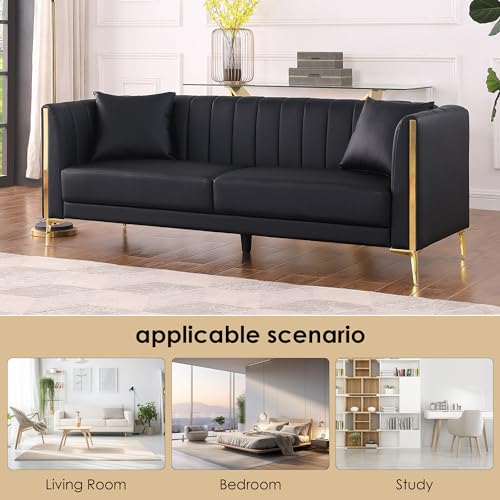 Amazon FOTOSOK 78'' Sofa, Black Couches for Living Room, Comfy Sofas Faux Leather Sofa 3 Seater Couches with 2 Throw Pillows and Gold Metal Legs, Deep Seat Sofas for Home, Office (Black)