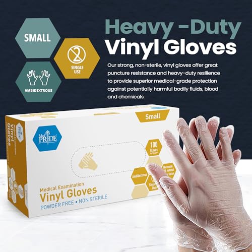 MED PRIDE Medical Vinyl Examination Gloves (Small, 100-Count) Latex & Rubber Free, Ultra-Strong, Clear Disposable Powder-Free Gloves for Healthcare & Food Handling Use