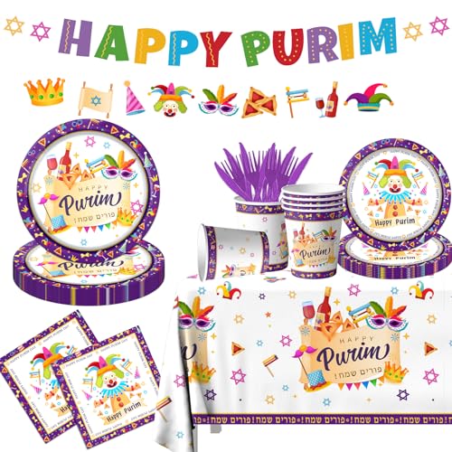 Happy Purim Party Supplies,122Pcs Jewish Purim Tableware Decorations Set Purple White Purim Mask Plates and Clown Napkins,Purim Tablecloth Happy Purim Banner for Jewish Carnival Holiday Party Decor