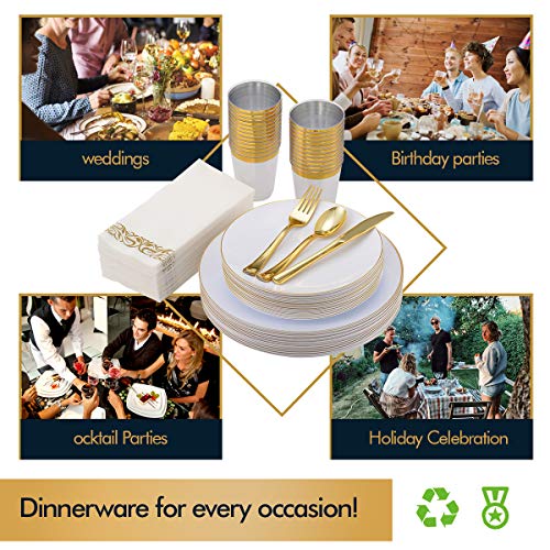 Vplus 175 Count Gold Rim Plastic Plates Sets, Disposable Dinnerware Sets for Wedding Party, Include 25 Dinner Plates,25 Dessert Plates,25 Forks,25 Knives,25 Spoons,25 Cups,25 Napkins (Gold Rim)