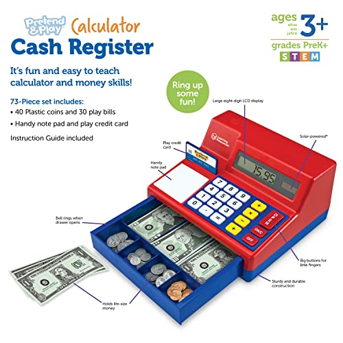 Learning Resources Pretend & Play Calculator Cash Register - 73 Pieces, Ages 3+ Develops Early Math Skills, Play Cash Register for Kids, Toy Cash Register, Play Money for Kids,Christmas Gifts for Kids